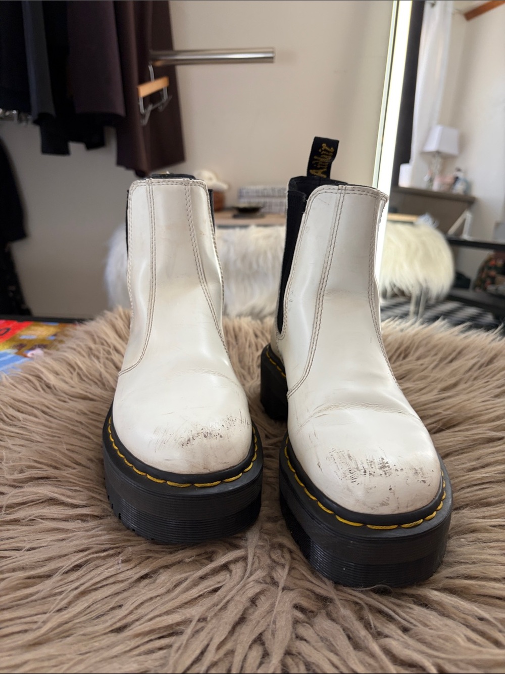 Dr.Martens White Platform Chelsea Boots with Yellow Stitching